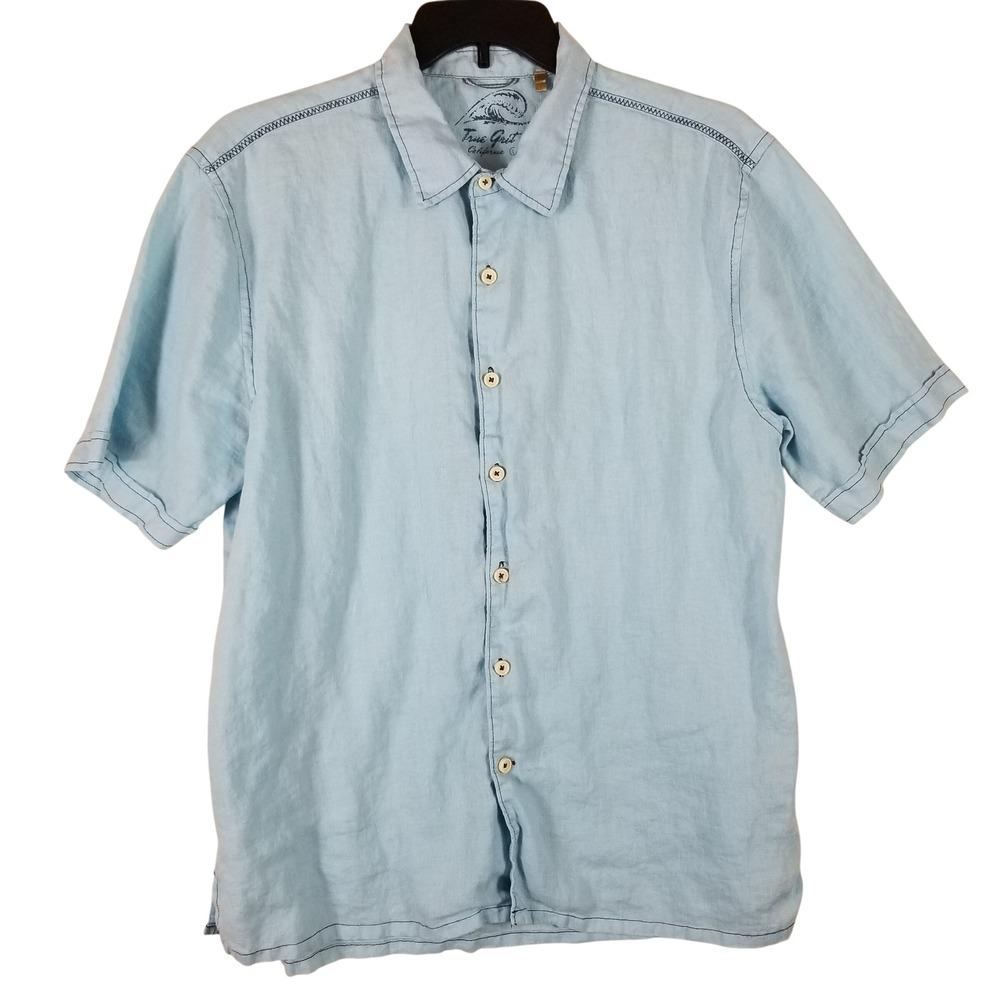 True Grit California Mens Large Light Blue Linen Short Sleeve Button Down Shirt